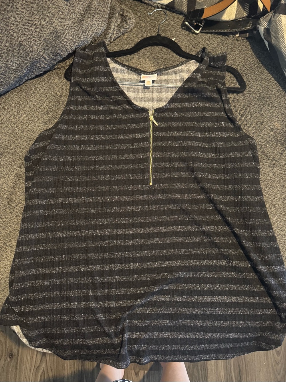 LuLaRoe Black Tank Top with Silver Metallic Stripes and Gold Zip